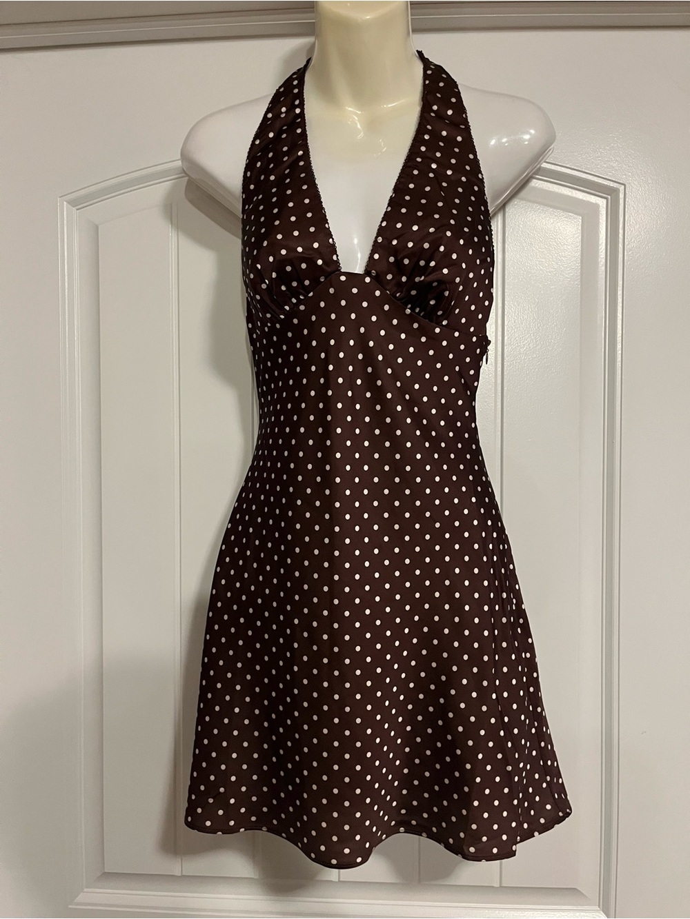 American Threads Brown Halter Mini Dress with White Polka Dots